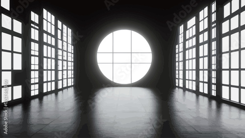 The image depicts a minimalist, abstract interior space rendered in grayscale. The scene features a dark, reflective floor, and two parallel walls lined with square-paneled windows emitting a