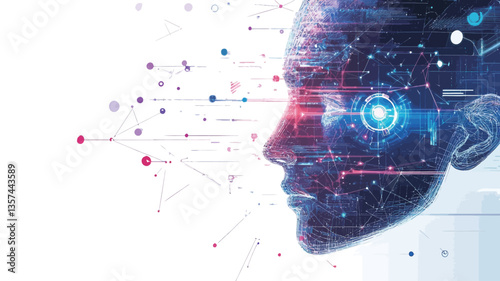 Digital illustration of a humanoid face in profile view.  The face is rendered with a translucent, wireframe-like texture overlaid with glowing blue and red data streams and graphical elements.