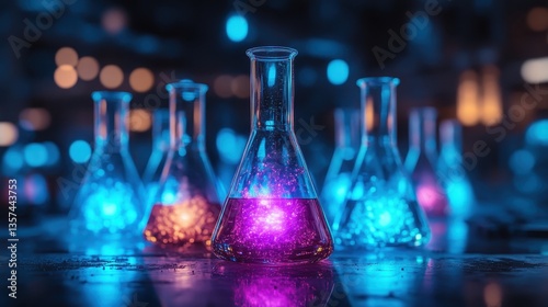 Multicolored glowing substances suspended inside glass beakers, selective focus, ethereal experimental reaction table