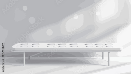 The image shows a low, rectangular bench rendered entirely in white. The bench has a simple, minimalist design with thin legs and a slightly padded top featuring subtle horizontal lines suggesting