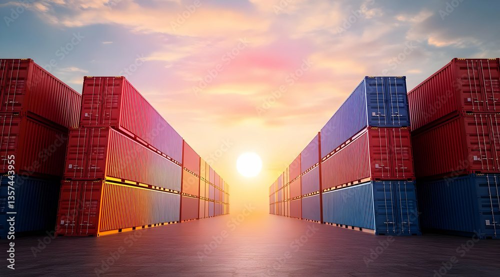 Fototapeta premium Emphasizing the transportation industry, a line of shipping containers aligns beneath a colorful sunset, symbolizing global trade.