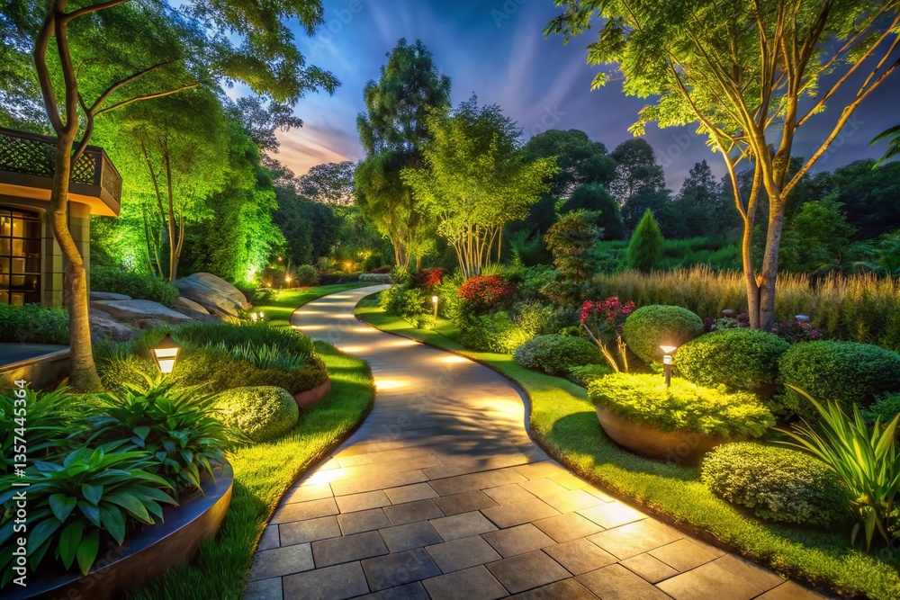 Fototapeta premium Low Light Landscape Design AI: Serene Night Garden Scene, Illuminated Pathways & Lush Greenery