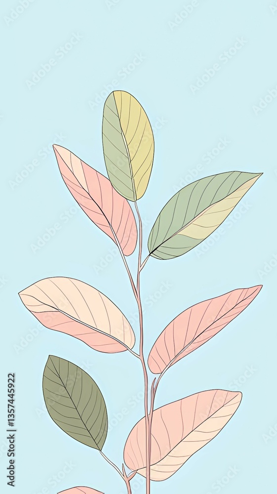 Obraz premium Stylized Plant Illustration with Pastel Leaves Against a Soft Blue Background