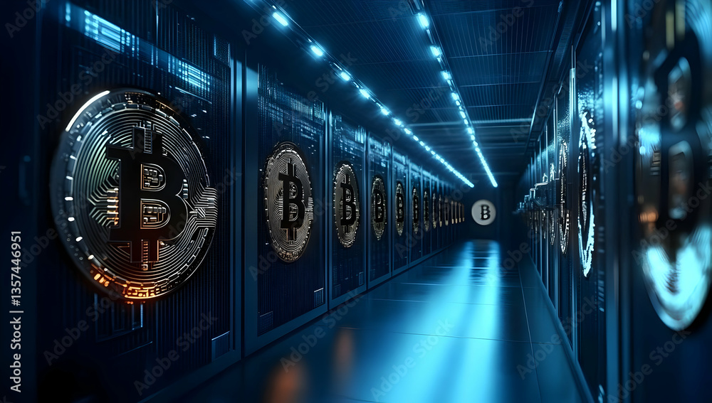 Fototapeta premium Futuristic cryptocurrency mining facility with glowing Bitcoin logos and a high-tech atmosphere, showcasing the digital currency revolution.