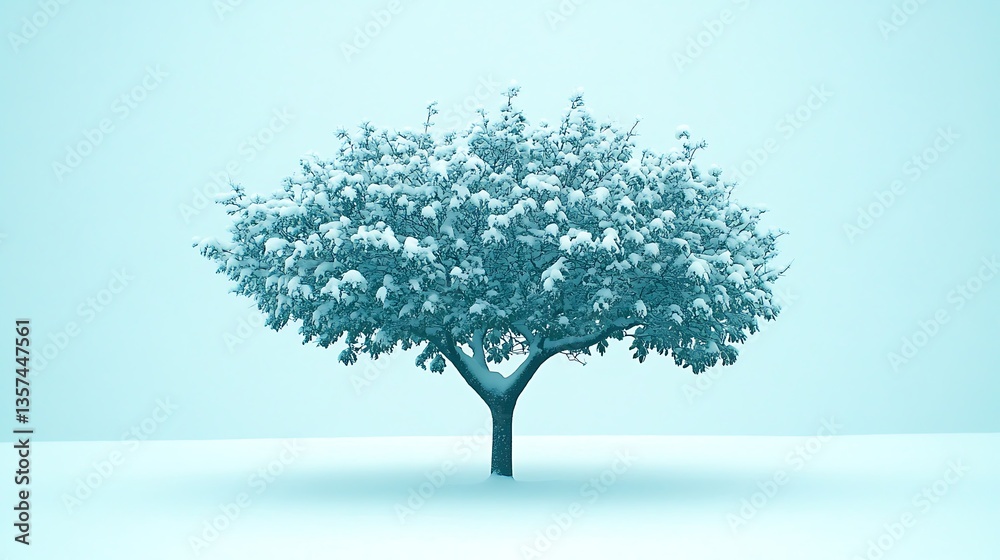 Obraz premium Snow-covered tree on a light blue background.
