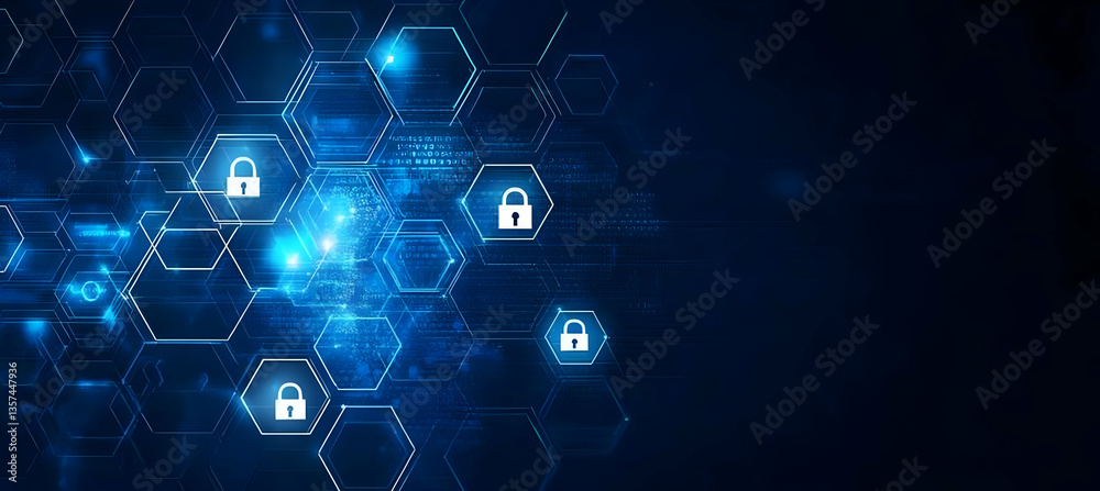 Futuristic technology background with hexagonal patterns and secure locks, symbolizing cybersecurity and data protection. Futuristic technology background with hexagonal patterns and secure locks, symbolizing cybersecurity and data protection.