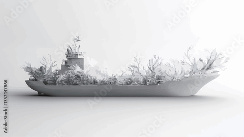 A grayscale 3D rendering depicts a side profile of a large ship or vessel completely overgrown with vegetation. The vessel is rendered in a simple, low-poly style with smooth surfaces. The