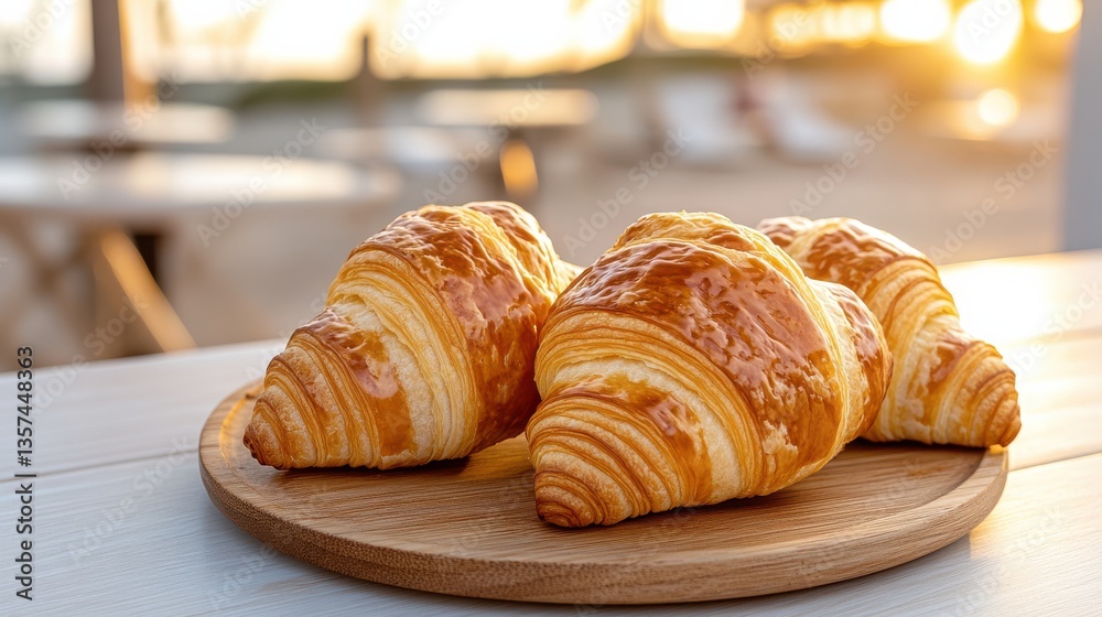 Rustic Wooden Plate Displaying Delicious Croissants in Warm Lighting Rustic Wooden Plate Displaying Delicious Croissants in Warm Lighting