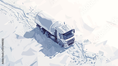 High-angle, close-up view of a white tanker truck driving on a snowy road. The truck is the central focus, occupying a significant portion of the frame.  The snow is bright white and appears