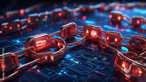 A conceptual illustration of a glowing chain link in red and blue hues,