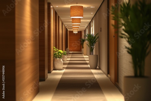 Serene corridor view with warm lighting and stylish potted plants bringing nature indoors hallway decor