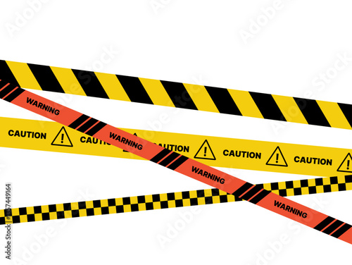 Black and yellow police stripe border, stop line, danger, warning, do not cross, caution tapes set. Set of danger caution grunge tapes.  Warning signs for your  design on transparent background. EPS10