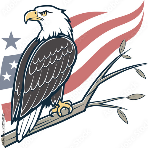 Bald Eagle on Branch with American Flag
