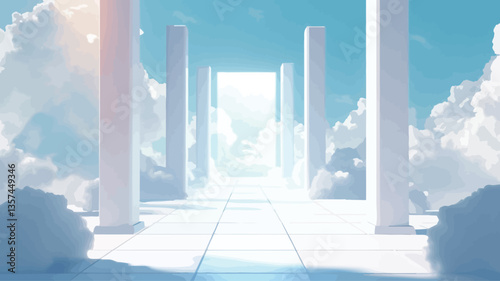 Digitally rendered image depicting a bright, white gateway or portal situated amidst fluffy white clouds under a pale blue sky.  The gateway is framed by tall, slender, white pillars arranged