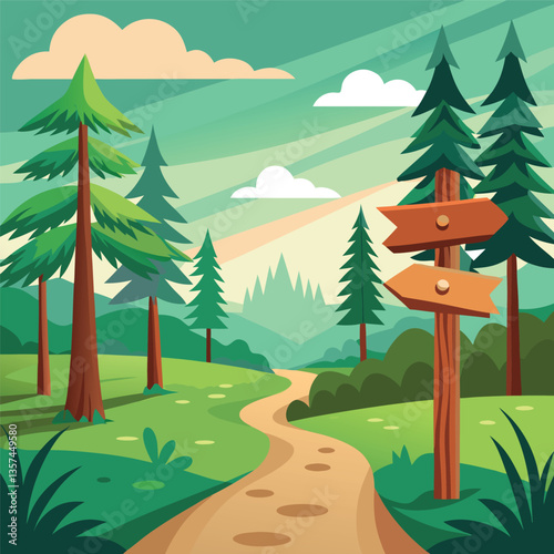  A Winding Path Through Lush Trees with a Weathered Wooden Signpost