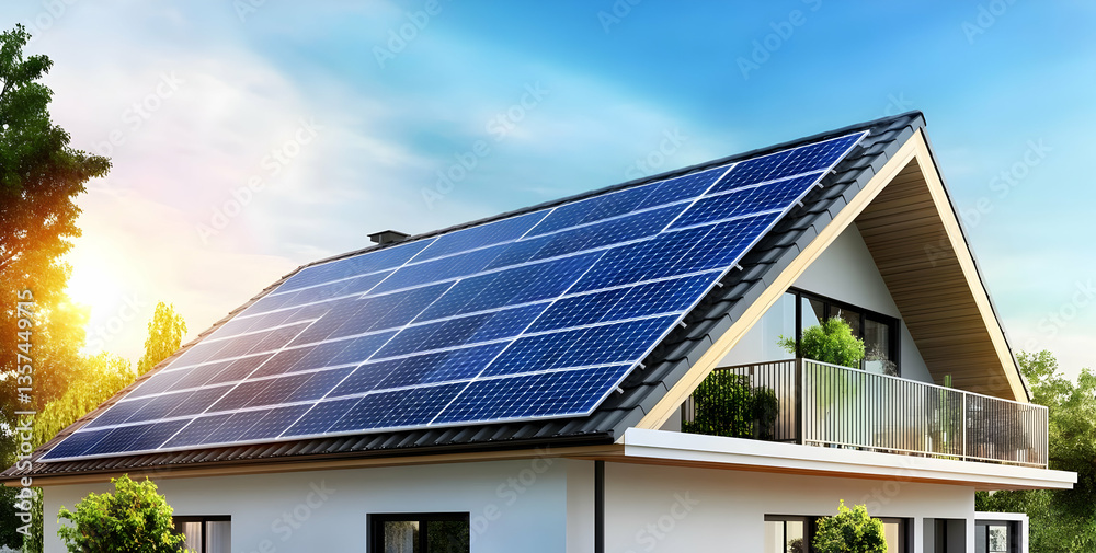Fototapeta premium Modern house with solar panels on the roof, showcasing renewable energy and contemporary design under a bright sky.