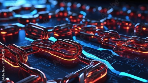 A conceptual illustration of a glowing chain link in red and blue hues,