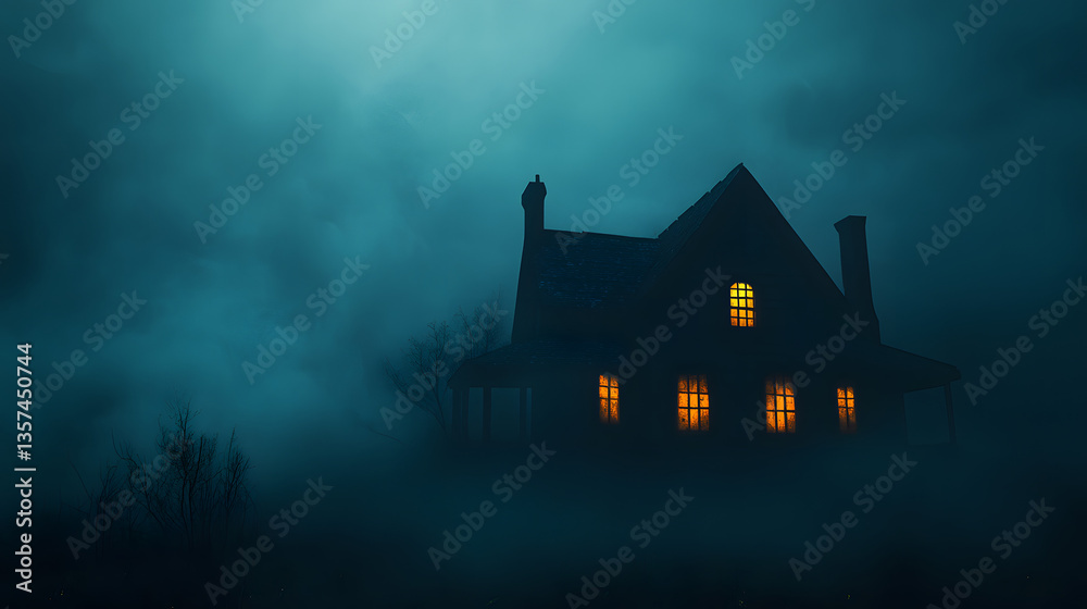 Mysterious Silhouette: A haunting silhouette of a house enveloped in a dense, ethereal fog, with warm inviting light casting from its windows, creating an intriguing atmosphere. Mysterious Silhouette: A haunting silhouette of a house enveloped in a dense, ethereal fog, with warm inviting light casting from its windows, creating an intriguing atmosphere.