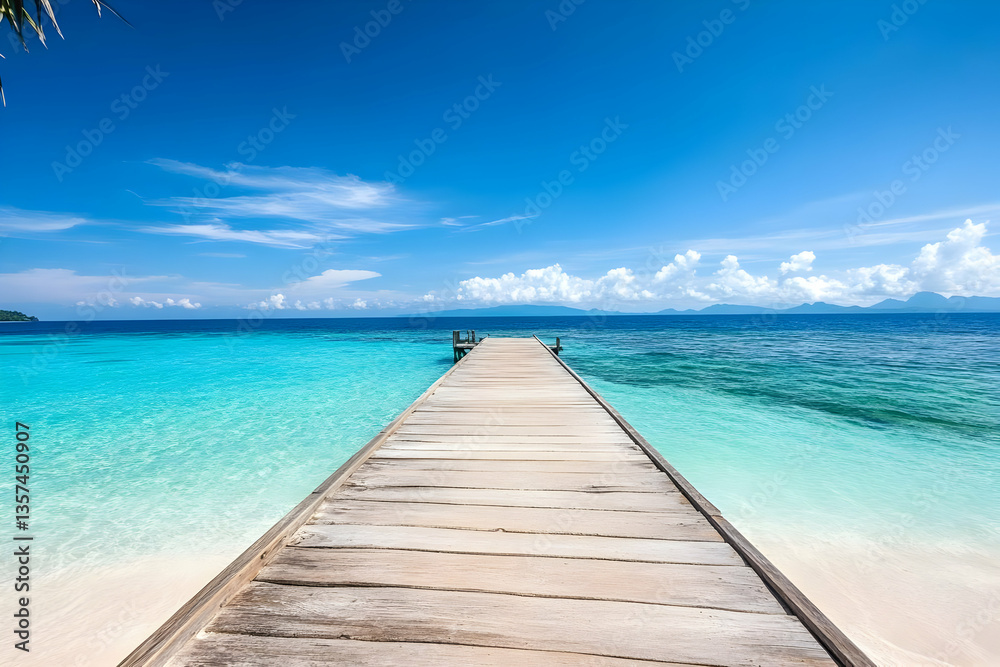 Scenic view of a wooden pier extending into a serene turquoise sea under a bright blue sky, perfect for a tropical getaway. Scenic view of a wooden pier extending into a serene turquoise sea under a bright blue sky, perfect for a tropical getaway.