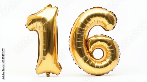 Number 16 golden inflatable foil balloons. Bright party decoration. Sixteen years on white background