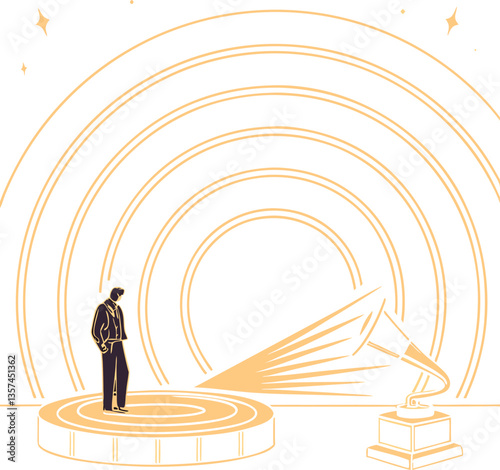 Person Surrounded by Sound Waves from Gramophone