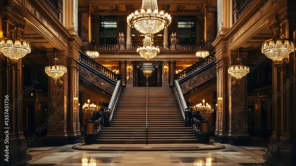 Obraz premium A grand staircase is illuminated by opulent crystal chandeliers
