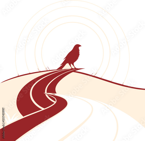 Bird Silhouette on Winding Path with Sun Rays