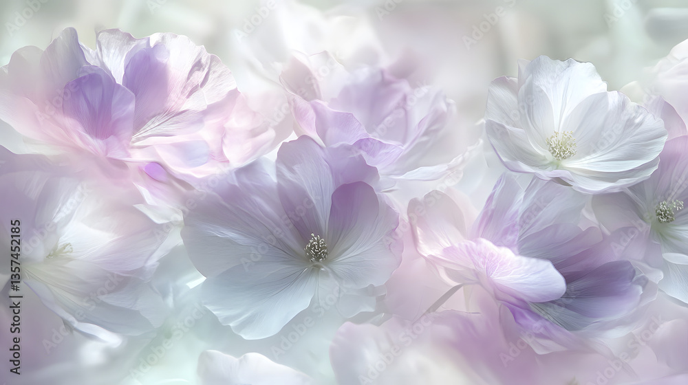 Floral Dreamscape: A delicate composition of soft, ethereal flowers in shades of lavender and white, evoking a sense of peace and tranquility. Their layered petals and subtle hues create a dreamy. Floral Dreamscape: A delicate composition of soft, ethereal flowers in shades of lavender and white, evoking a sense of peace and tranquility. Their layered petals and subtle hues create a dreamy.
