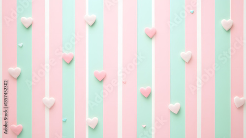 Sweethearts and Stripes: A delightful pattern of pastel pink and turquoise vertical stripes adorned with scattered heart-shaped candies creates a cheerful, inviting backdrop.