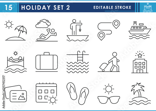 A set of line icons related to Holiday. Cruise ship, hotel, travel, beach, relax, suitcase, fishing, and so on. Vector editable stroke.