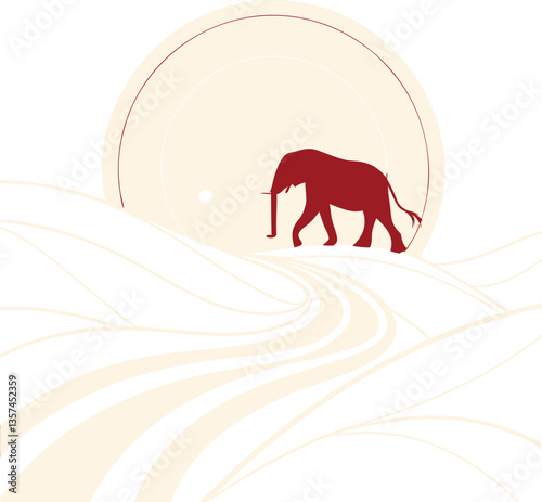 Elephant Walking on Desert with Sun