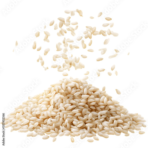 Scattered rice grains flying on a transparent background