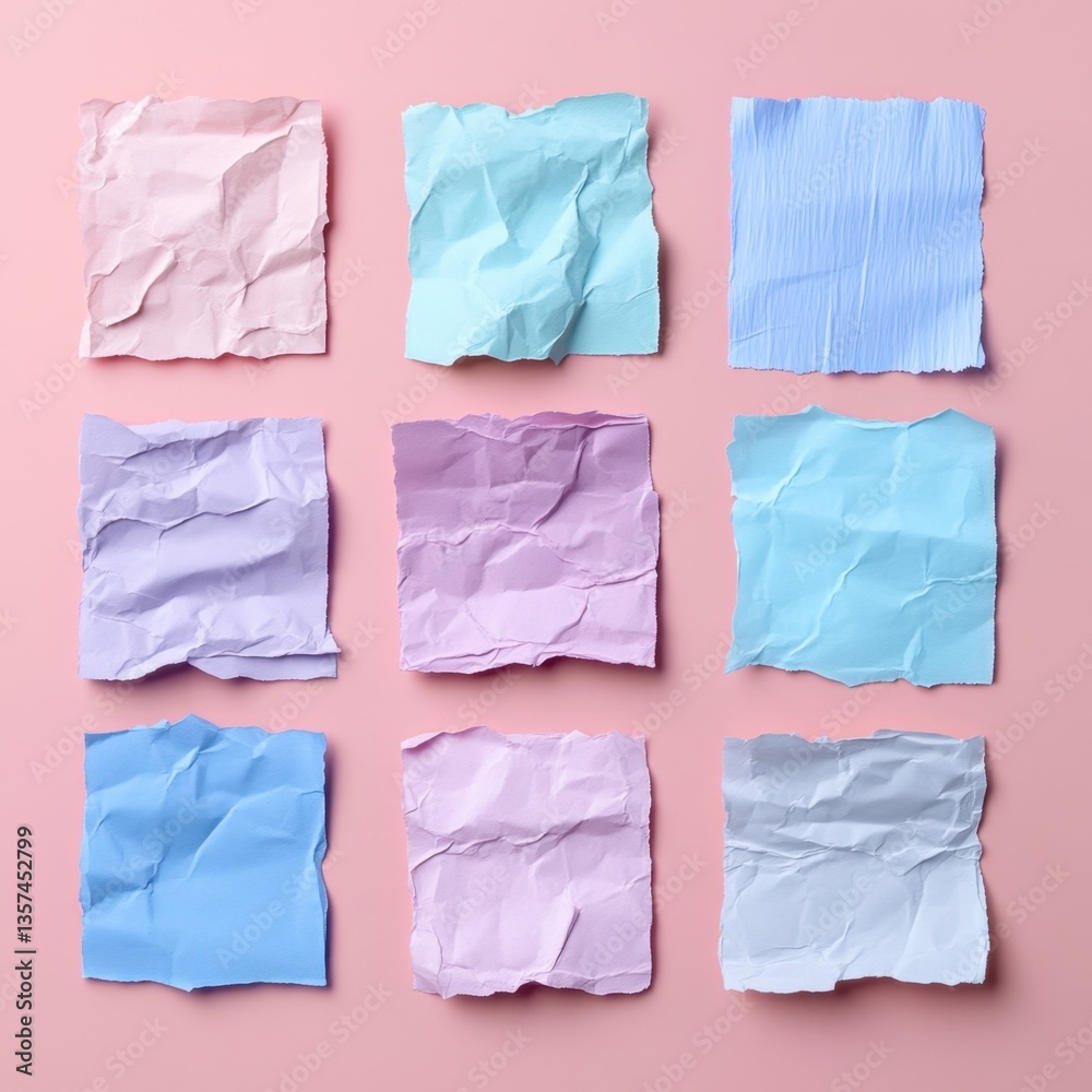 Obraz premium Pastel colored crumpled paper squares on pink backdrop creating a visually appealing and modern background perfect for creative projects and designs