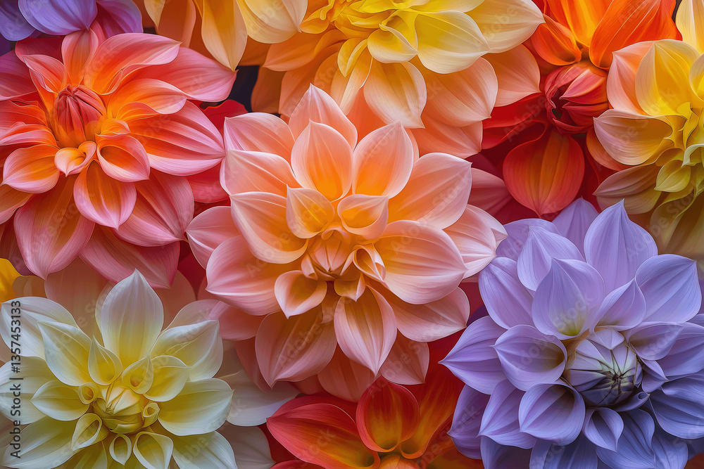 Obraz premium Vibrant Dahlia Bouquet: A close-up view of a stunning array of dahlia blooms showcasing a riot of colors, with each petal intricately detailed.
