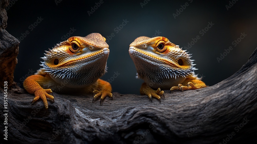 Obraz premium Bearded Dragons Duo Studio Portrait on Wood.