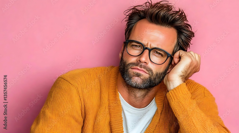 Obraz premium Disappointed man in glasses, leaning on hand.