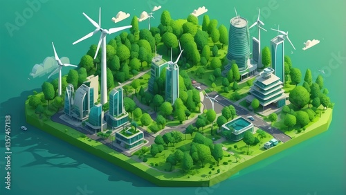 Illustration of a green, futuristic city with wind turbines and modern buildings