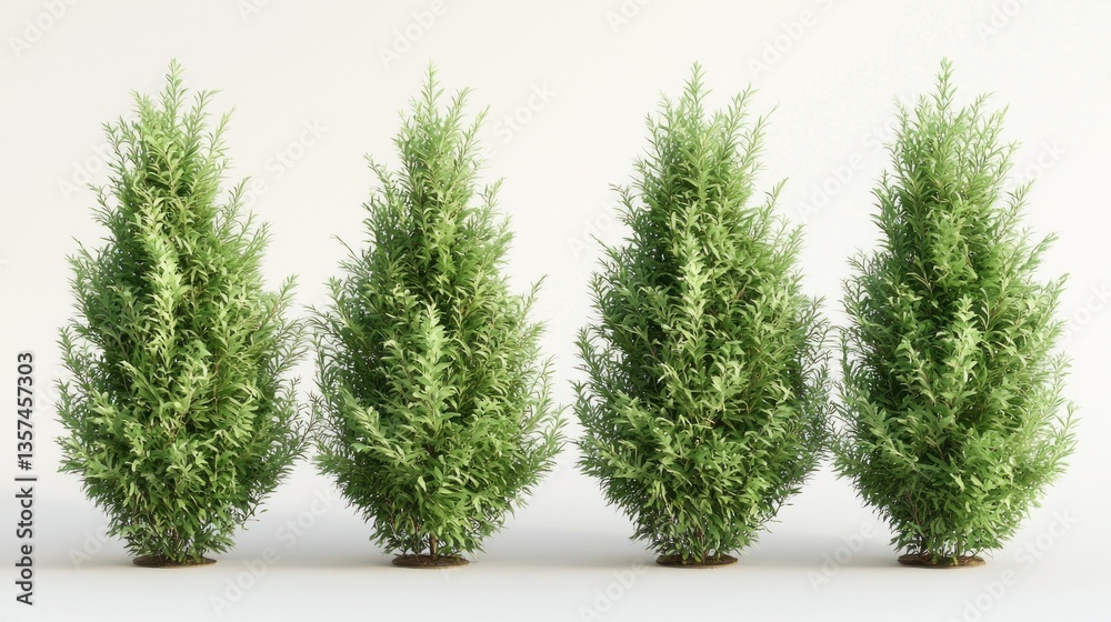 Fototapeta premium Four evergreen trees, studio shot, white background, landscaping design