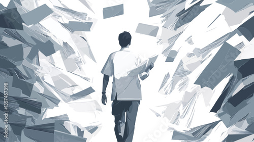 The image is a monochrome illustration depicting a man walking away from the viewer down a tunnel-like corridor formed by stacks of papers. The papers are depicted in shades of gray and white,