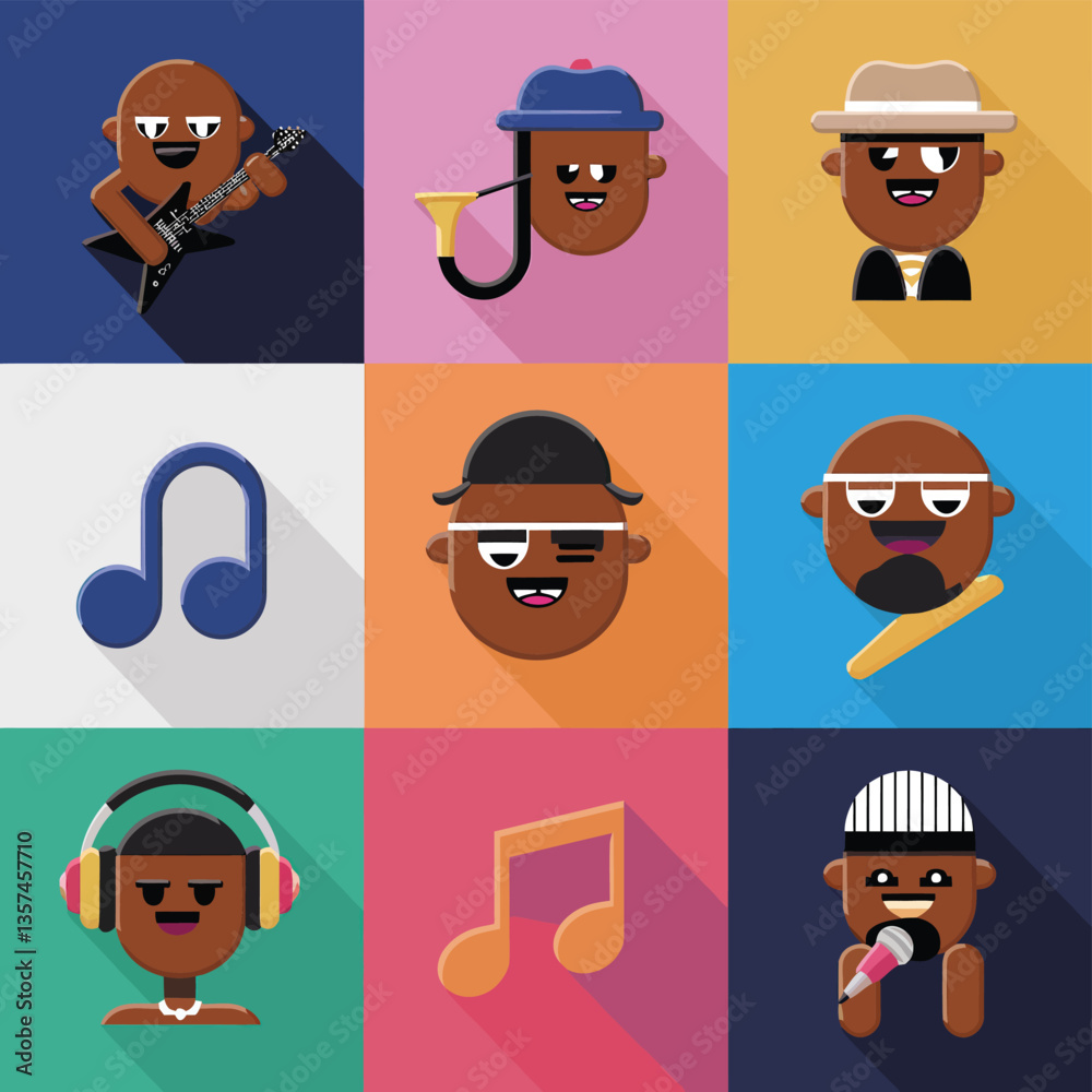 Fototapeta premium 2d vector illustration icon cool entertainment cartoon character music tools (Drum , Music Note , Headphones ,Microphone , Piano , Guitar ,Record) 