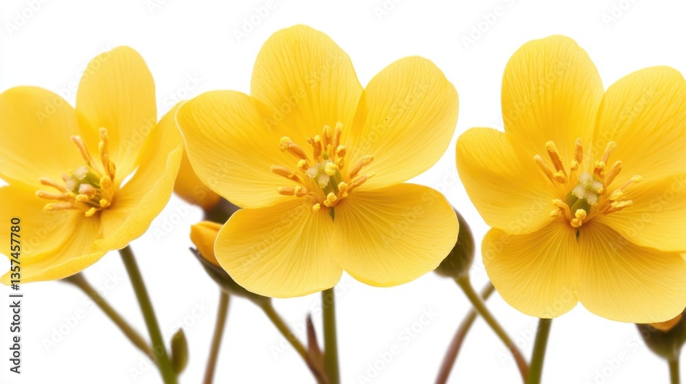 Obraz premium Radiant marsh marigold blooms unfurling in vivid yellow hues against a pristine white background botanical elegance