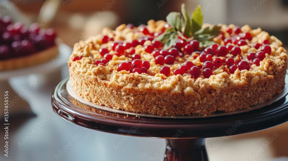Delicious Ribiselkuchen cake with red currants and crumble topping, golden brown color, dessert table, golden brown color Delicious Ribiselkuchen cake with red currants and crumble topping, golden brown color, dessert table, golden brown color