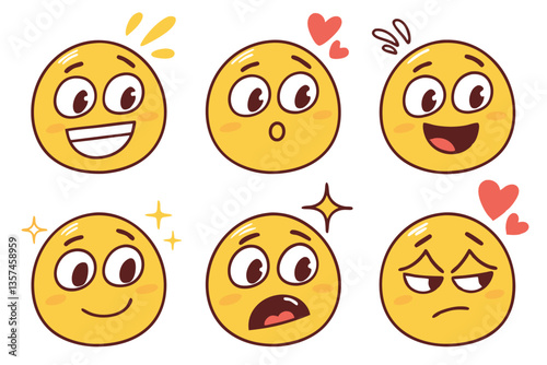 46 Vector emoji set, expressive round faces, diverse emotions, bright yellow and orange colors, simple designs, flat style, white background, cartoon eyes, exaggerated features, mood indicators, angry