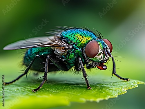 Obraz na płótnie Vibrant Fly on Lush Leaf.