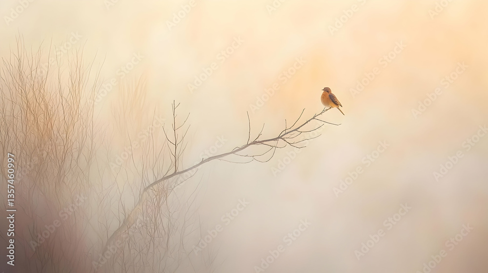 Misty morning, solitary bird on bare branch