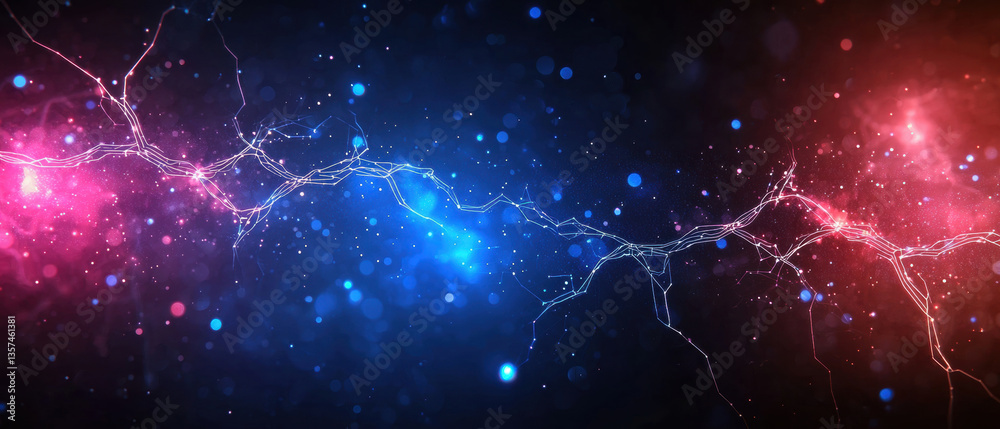 Fototapeta premium Glowing neural pattern overlaid on futuristic background, showcasing vibrant blue and pink colors with sparkling particles