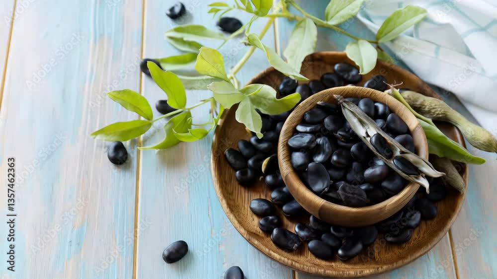 custom made wallpaper toronto digitalCloseup of black beans and greenery on rustic wood surface