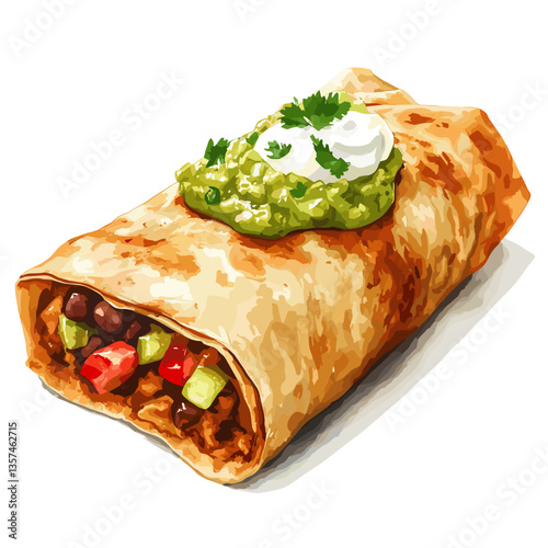 Watercolor Chimichanga with Sour Cream and Guacamole