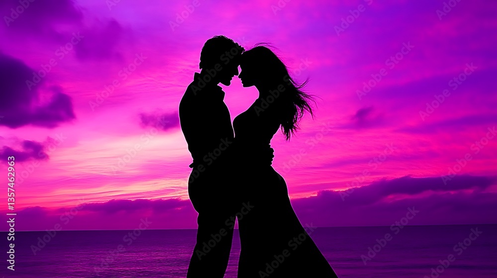 Silhouette of a couple embracing at sunset. Silhouette of a couple embracing at sunset.