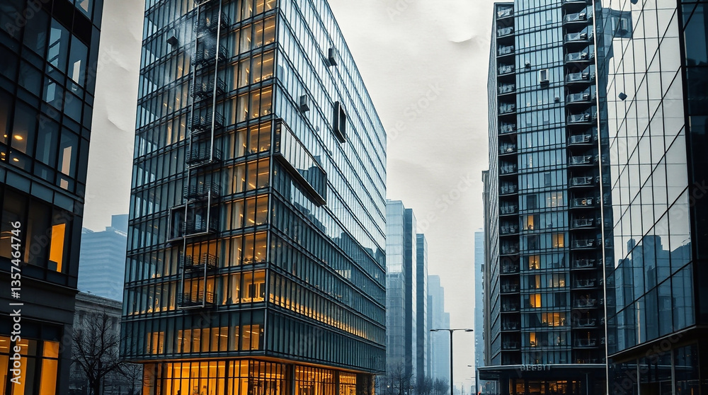 Fototapeta premium Abstract modern glass office building downtown, high angle perspective, bright lens flare, light streaks, vibrant colors, aerial view, sharp focus, dynamic composition, photorealistic style 